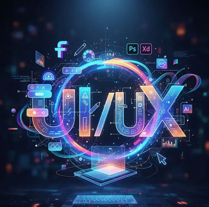 Futuristic UI/UX design concept with digital elements and icons, showcasing technology and creativity in a colorful, glowing style. ui design vs ux design