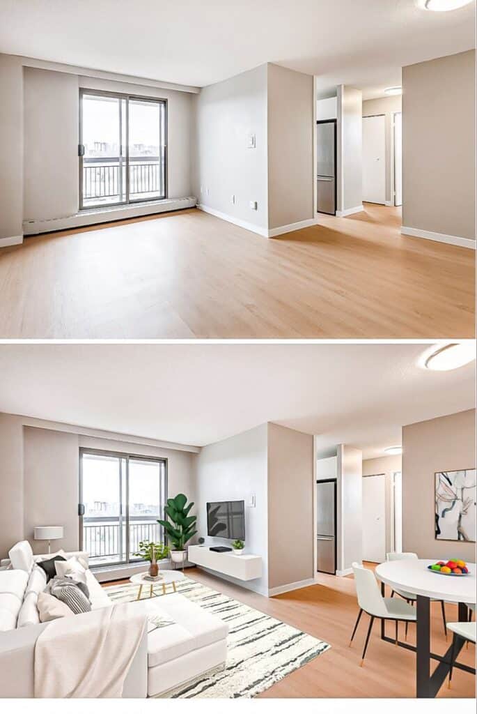 _ 10 Modern living room transformation: before and after decor with light wood floors and stylish furnishings, enhancing the open space. | Sky Rye Design Modern living room transformation: before and after decor with light wood floors and stylish furnishings, enhancing the open space.