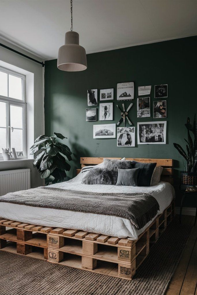 _ 10 Cozy bedroom with green accent wall, wooden pallet bed, and stylish gallery wall decor. Modern and rustic design elements blend seamlessly. | Sky Rye Design Cozy bedroom with green accent wall, wooden pallet bed, and stylish gallery wall decor. Modern and rustic design elements blend seamlessly.