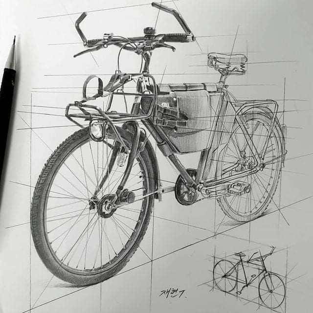 _ 10 Detailed sketch of a bicycle with precise shading and perspective lines, showcasing artistic skill and depth. Pencil is visible beside. | Sky Rye Design Detailed sketch of a bicycle with precise shading and perspective lines, showcasing artistic skill and depth. Pencil is visible beside.