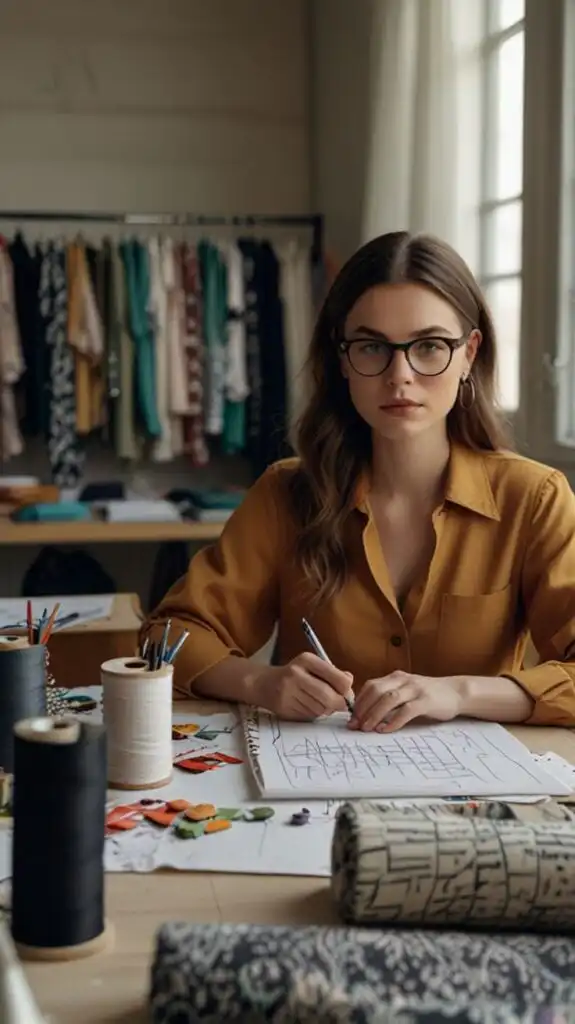 _ 10 Fashion designer sketching in studio, surrounded by textiles and colorful clothing on hangers. Creative design process in action. | Sky Rye Design Fashion designer sketching in studio, surrounded by textiles and colorful clothing on hangers. Creative design process in action.