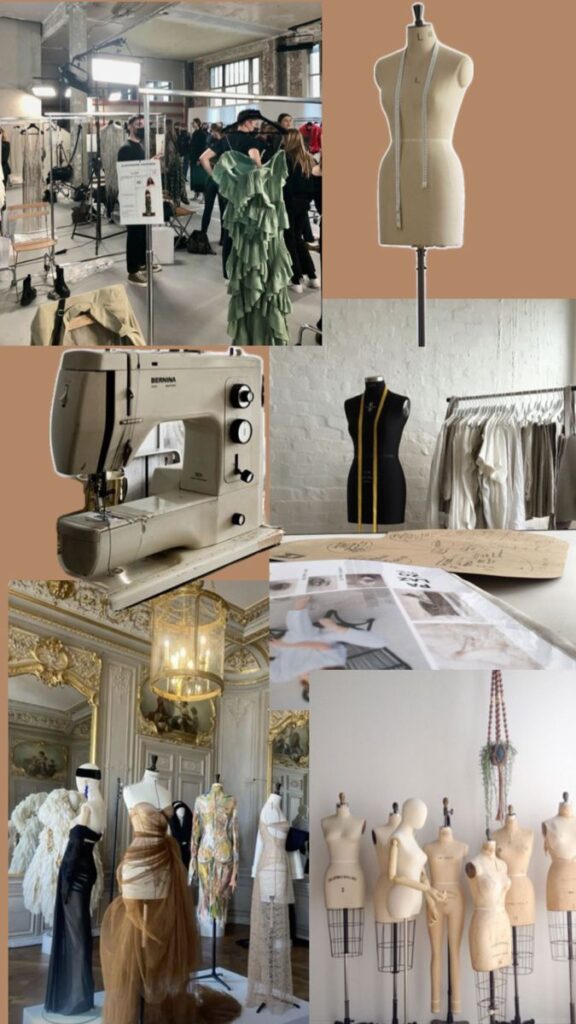 _ 10 Fashion studio collage showcasing sewing machines, dress forms, and elaborate garments in a stylish design space. | Sky Rye Design Fashion studio collage showcasing sewing machines, dress forms, and elaborate garments in a stylish design space.