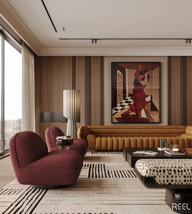 Modern living room with abstract art, burgundy chairs, mustard sofa, striped rug, and large window. Cozy and stylish interior design.
