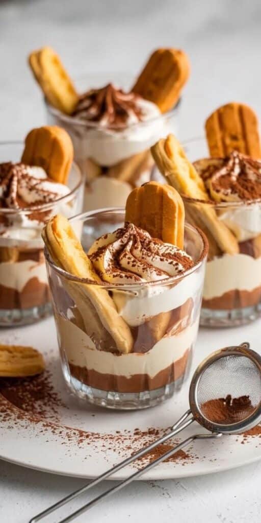10 Easy Fancy Dessert Recipes_ Impress With Dessert Creamy tiramisu cups with layered mascarpone, cocoa, and ladyfingers on a white plate. Dusting spoon with cocoa beside them. | Sky Rye Design Creamy tiramisu cups with layered mascarpone, cocoa, and ladyfingers on a white plate. Dusting spoon with cocoa beside them.