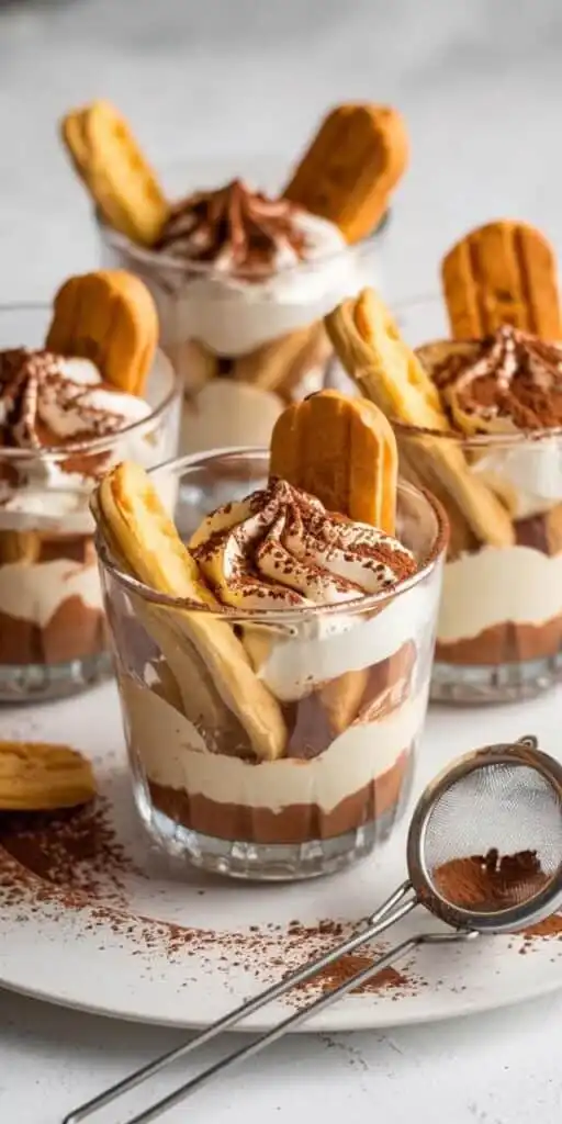 Creamy tiramisu cups with layered mascarpone, cocoa, and ladyfingers on a white plate. Dusting spoon with cocoa beside them.