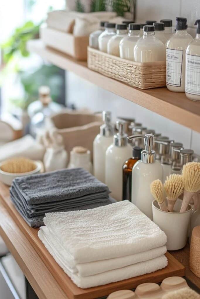 10 Eco-Friendly Swaps for Your Home Organized bathroom shelf with towels, shampoos, and brushes in a serene, minimalist setting. Perfect for home spa and relaxation. | Sky Rye Design Organized bathroom shelf with towels, shampoos, and brushes in a serene, minimalist setting. Perfect for home spa and relaxation.