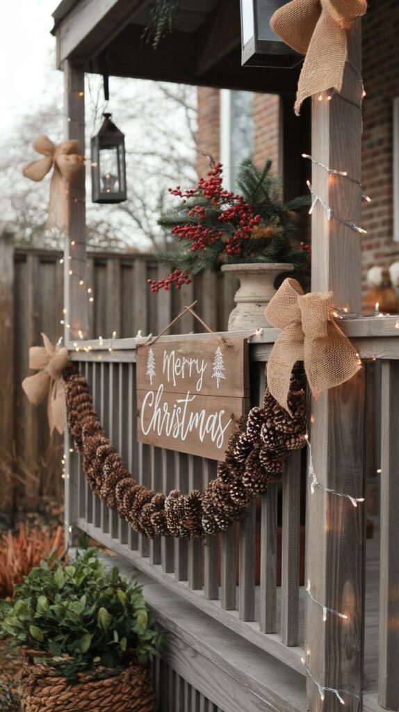 10 Rustic Christmas Porch Ideas with Burlap and Wood Accents Festive porch with Merry Christmas sign, pinecones, burlap bows, and string lights. Cozy holiday decor. | Sky Rye Design Festive porch with Merry Christmas sign, pinecones, burlap bows, and string lights. Cozy holiday decor.