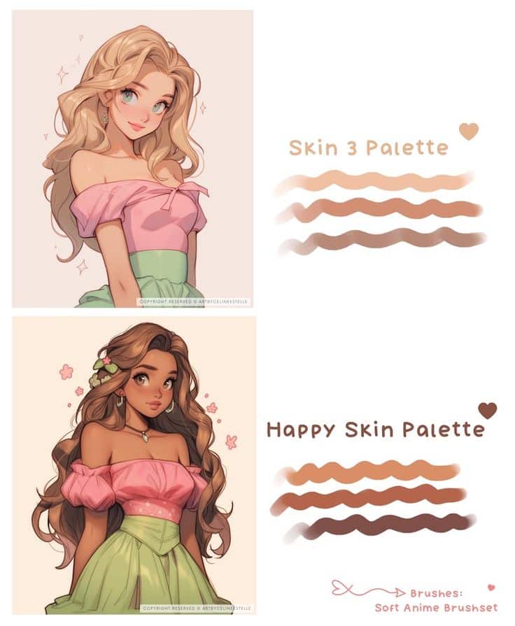 10 Skin Palettes for Procreate Procreate Skin Palette Procreate Anime Palette Skin Color Palette for Procreate Skin Colors - Etsy Anime characters with wavy hair show off Skin 3 and Happy Skin palettes, highlighting vibrant tones for digital art. | Sky Rye Design Anime characters with wavy hair show off Skin 3 and Happy Skin palettes, highlighting vibrant tones for digital art.