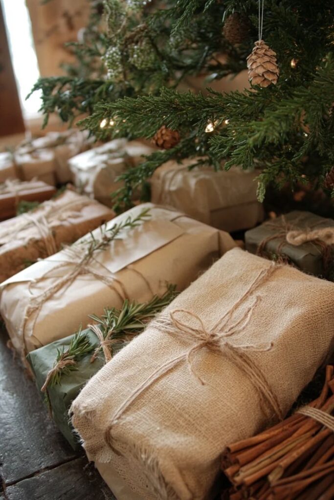 Rustic Christmas presents wrapped in natural paper with twine under a decorated tree with pinecones and lights.