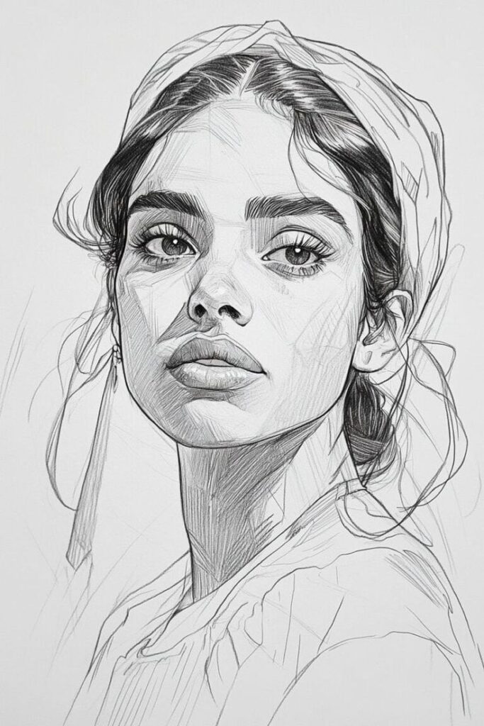 100+ Face Drawing Ideas to Spark Your Artistic Inspiration Sketch of a woman with expressive eyes and a headscarf, drawn with fine lines, capturing a serene and contemplative expression. | Sky Rye Design Sketch of a woman with expressive eyes and a headscarf, drawn with fine lines, capturing a serene and contemplative expression.