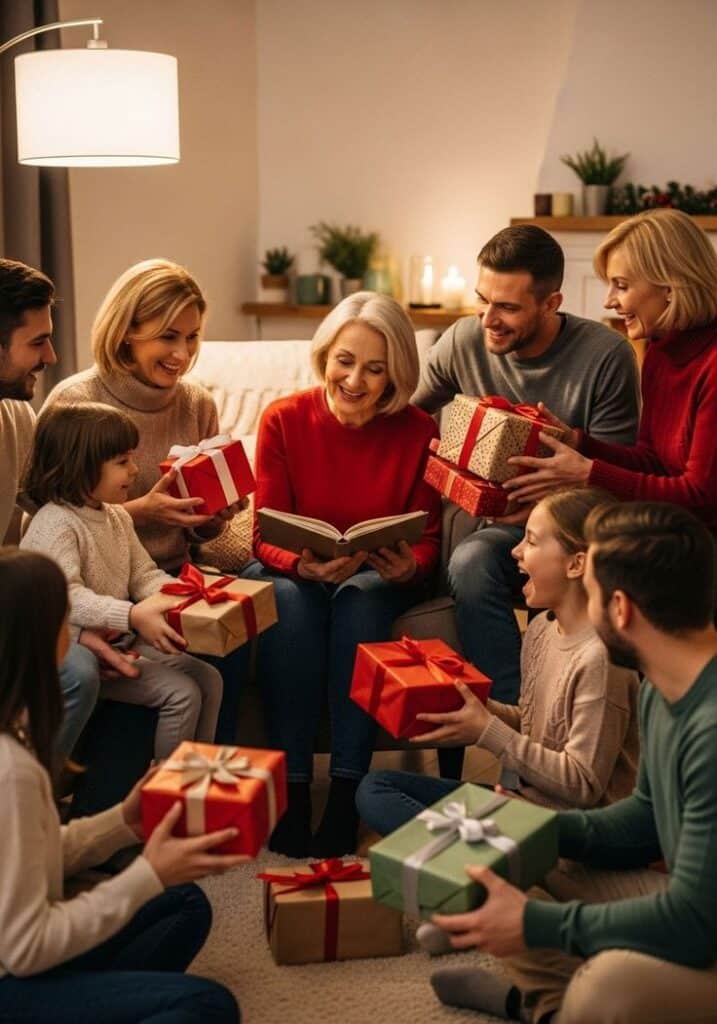 Family gathering for Christmas, sharing gifts and enjoying a festive atmosphere, with warmth and joy around a cozy living room.