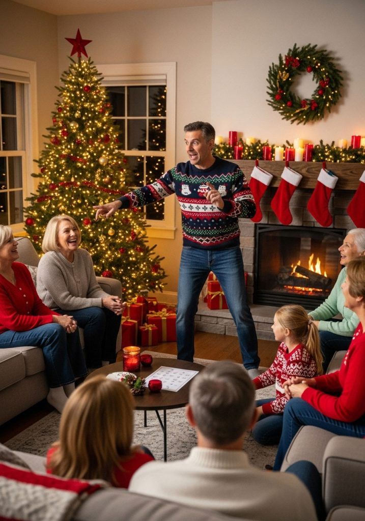 Family gathered around a fireplace playing games, Christmas tree and decor in the background, cozy holiday atmosphere.