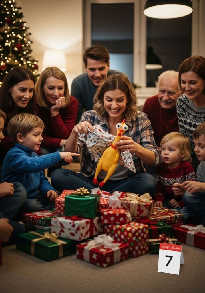 Family joyfully opening Christmas gifts by the tree, unveiling a rubber chicken among colorful wrapped presents. Holiday cheer captured.