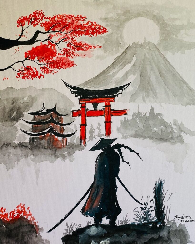 10a39d5e61384c5a1bc9e958ef28c146 Samurai silhouette against Mount Fuji with red torii gate and autumn tree in traditional Japanese watercolor painting style. | Sky Rye Design Samurai silhouette against Mount Fuji with red torii gate and autumn tree in traditional Japanese watercolor painting style.
