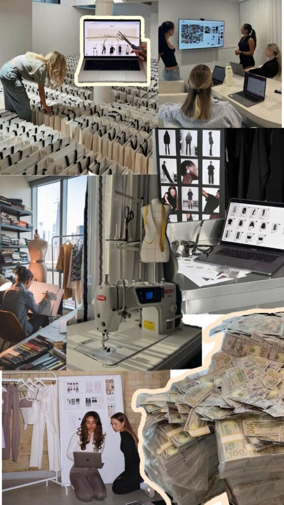Collage of fashion design processes: sketching, sewing, team meetings, product displays, and bundled currency representing success.