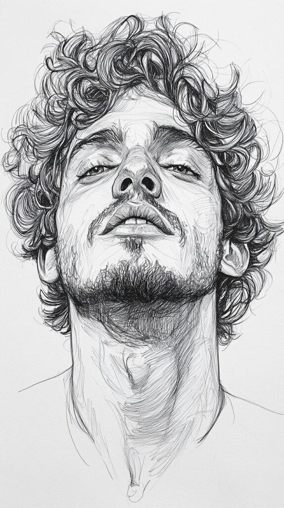 _ 11 Illustrated portrait of a man with curly hair and a confident expression, showcasing detailed linework and artistic style. | Sky Rye Design Illustrated portrait of a man with curly hair and a confident expression, showcasing detailed linework and artistic style.