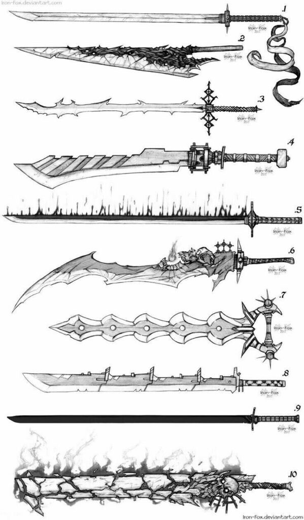 _ 11 Illustrated collection of ten fantasy sword designs with intricate details and unique styles, perfect for RPG or concept art inspiration. | Sky Rye Design Illustrated collection of ten fantasy sword designs with intricate details and unique styles, perfect for RPG or concept art inspiration.