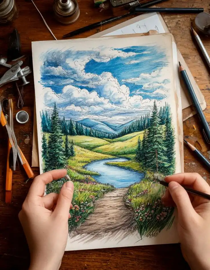 A person sketches a colorful landscape with mountains, clouds, and a river on a wooden table surrounded by drawing tools.