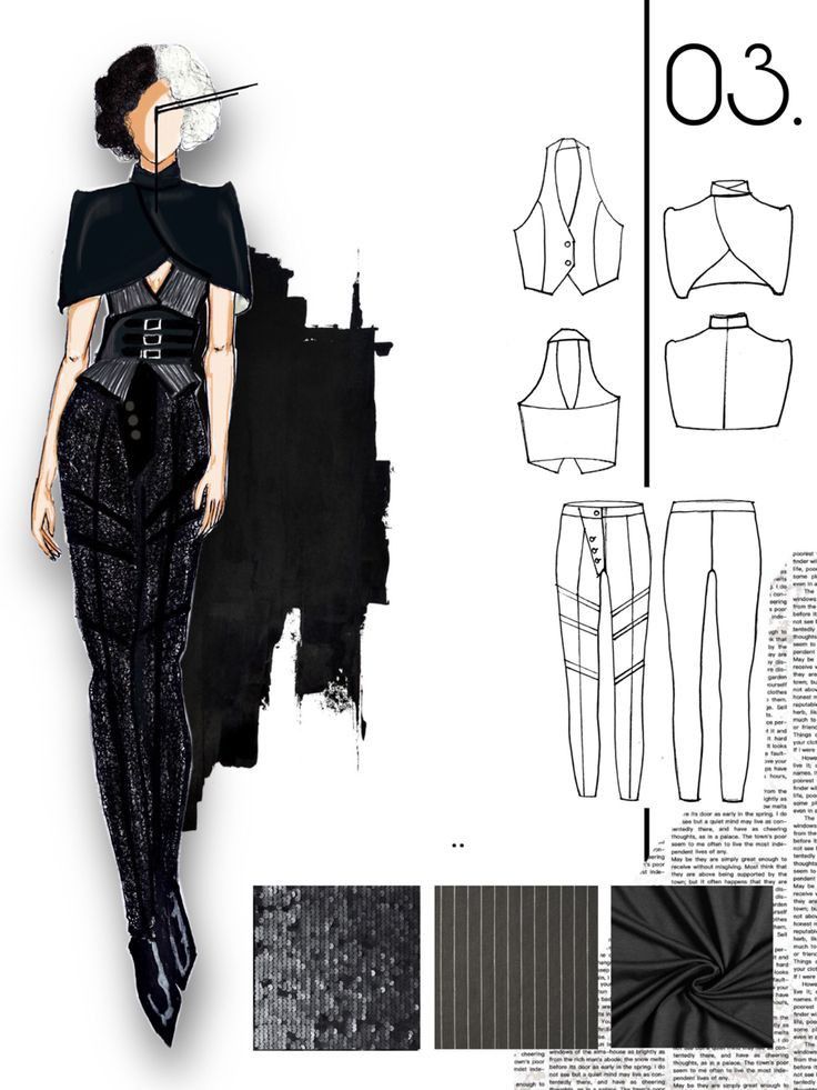 _ 11 Fashion design illustration featuring a chic black outfit, detailed sketches, and fabric samples showcasing textures and patterns. | Sky Rye Design Fashion design illustration featuring a chic black outfit, detailed sketches, and fabric samples showcasing textures and patterns.