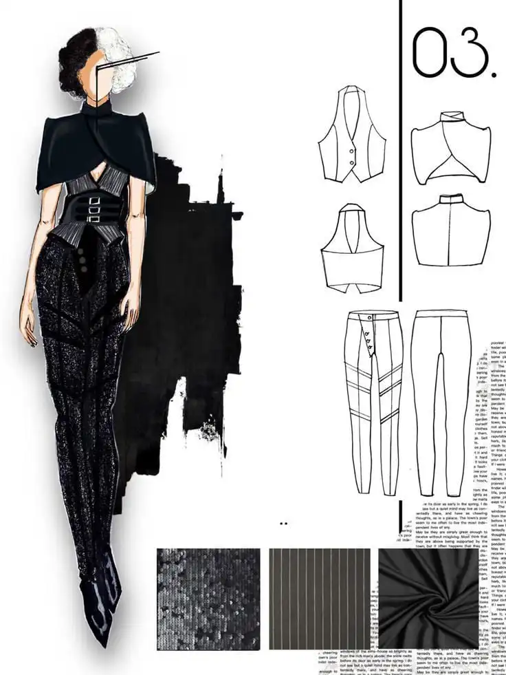 _ 11 Fashion design illustration featuring a chic black outfit, detailed sketches, and fabric samples showcasing textures and patterns. | Sky Rye Design Fashion design illustration featuring a chic black outfit, detailed sketches, and fabric samples showcasing textures and patterns.