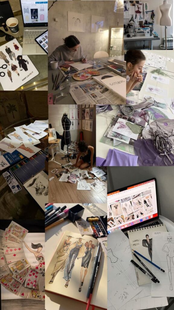 Fashion design process in a creative workspace, showcasing sketches, tools, and mannequins for inspiration and garment creation.