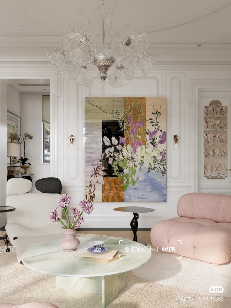 Elegant living room with chandelier, abstract art, pastel furniture, and marble table, creating a modern, cozy ambiance.