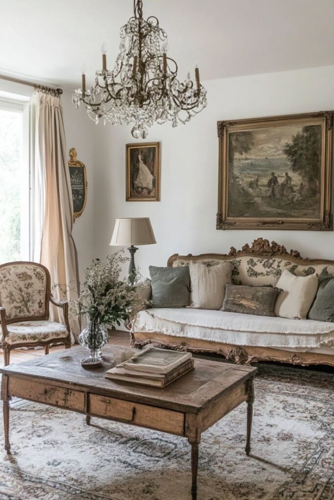 11+ French Country Living Rooms That Will Make You Say Ooh La La Elegant vintage living room with ornate chandelier, antique furniture, and classic art. Cozy and stylish decor with a rustic touch. | Sky Rye Design Elegant vintage living room with ornate chandelier, antique furniture, and classic art. Cozy and stylish decor with a rustic touch.