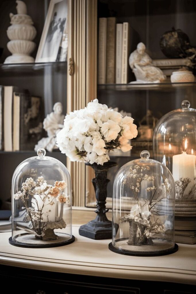 11 French Country Secrets to Transform Your Home Into a Provençal Retreat Elegant decor with white hydrangeas and delicate dried flowers under glass domes on a classic tabletop, surrounded by vintage books. | Sky Rye Design Elegant decor with white hydrangeas and delicate dried flowers under glass domes on a classic tabletop, surrounded by vintage books.