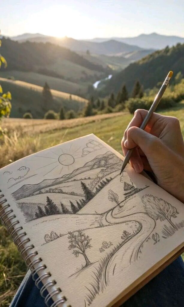 Hand drawing a landscape sketch in nature, depicting hills and trees during a sunset. Artistic creativity in a picturesque setting.