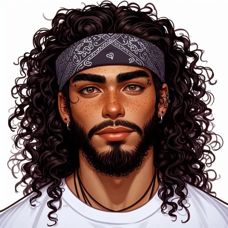 _ 12 Young man with curly hair, a beard, wearing a patterned bandana and earrings, exuding a stylish and confident look. | Sky Rye Design Young man with curly hair, a beard, wearing a patterned bandana and earrings, exuding a stylish and confident look.