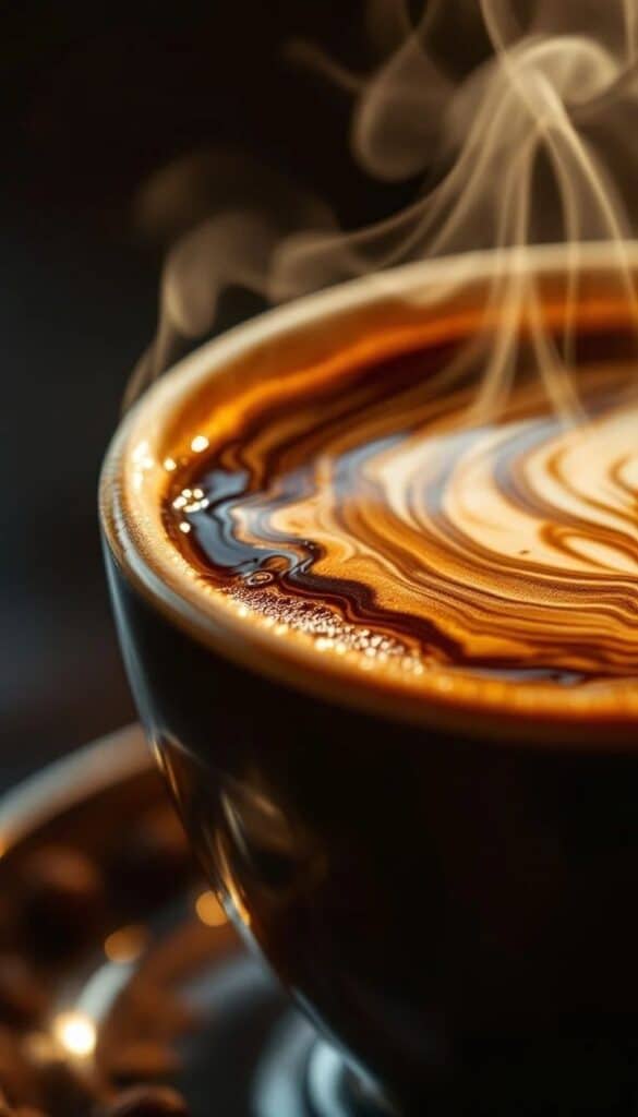 _ 12 Steaming hot coffee in a dark cup with swirling patterns of cream on the surface, creating a warm, inviting ambiance. | Sky Rye Design Steaming hot coffee in a dark cup with swirling patterns of cream on the surface, creating a warm, inviting ambiance.