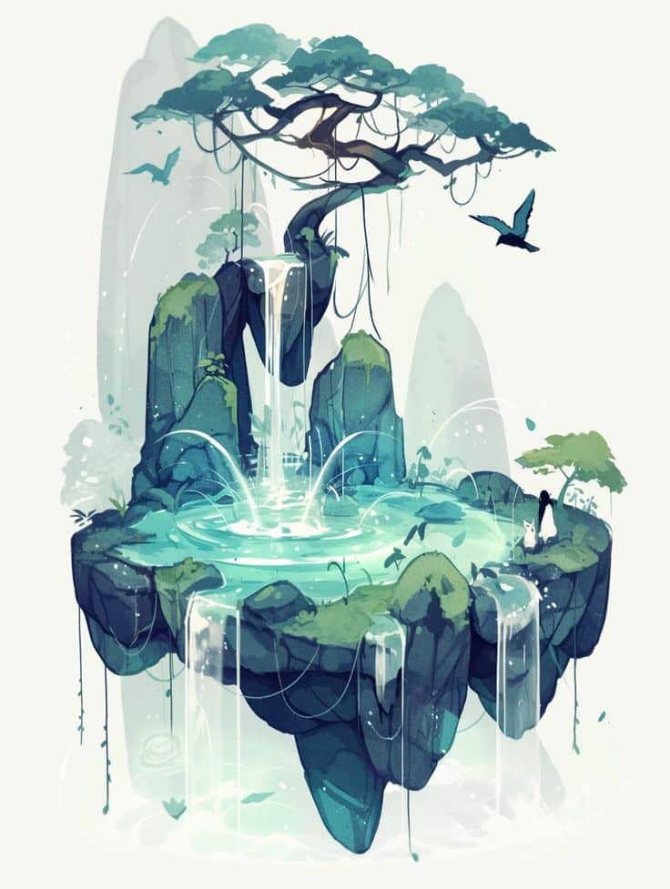 _ 12 Illustration of a floating island with cascading waterfalls, lush greenery, and birds flying above, creating a serene fantasy landscape. | Sky Rye Design Illustration of a floating island with cascading waterfalls, lush greenery, and birds flying above, creating a serene fantasy landscape.