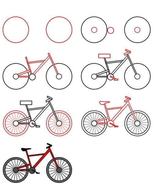 _ 12 Illustration of a bicycle diagram showing the step-by-step process of drawing a complete bike from simple shapes to a detailed sketch. | Sky Rye Design Illustration of a bicycle diagram showing the step-by-step process of drawing a complete bike from simple shapes to a detailed sketch.