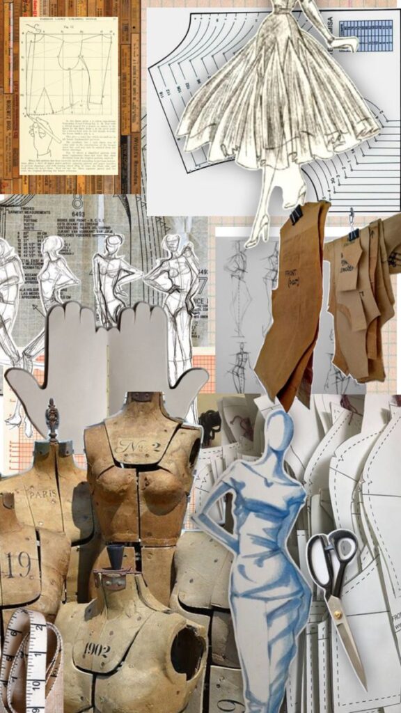 _ 12 Fashion design collage with dress sketches, mannequins, fabric patterns, and cutting tools, showcasing creative garment creation process. | Sky Rye Design Fashion design collage with dress sketches, mannequins, fabric patterns, and cutting tools, showcasing creative garment creation process.