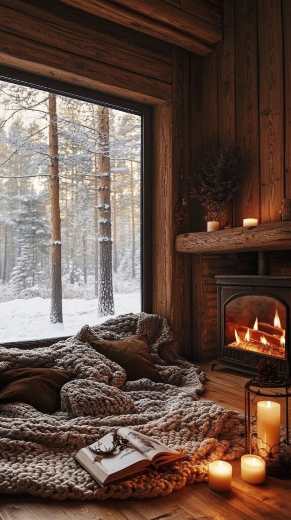 Cozy cabin interior with a fireplace, plush blanket, and candles, looking out to a snowy forest. Perfect winter retreat atmosphere.