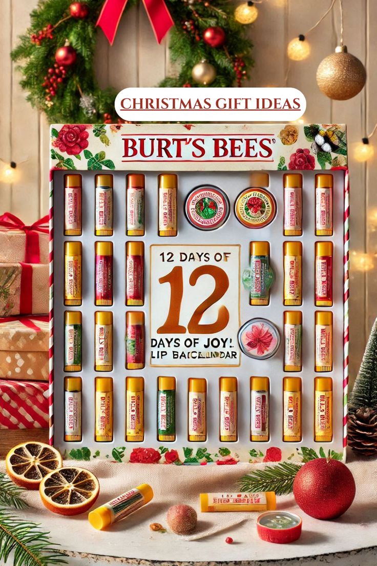 Burt's Bees lip balm advent calendar with festive decorations, perfect for Christmas gift ideas. Celebrate 12 days of joy and lip care!