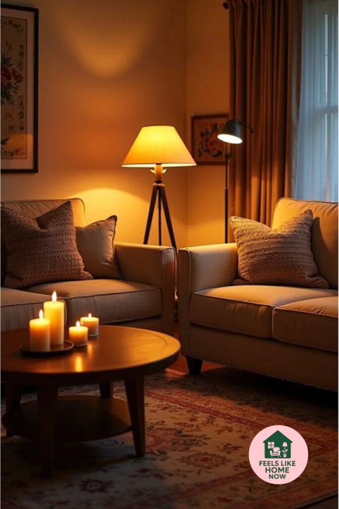 12 Inviting Lighting Concepts to Transform the Ambiance of Your Living Room Cozy living room with warm lighting, cushions, a round table with candles, and elegant furnishings for a relaxing ambiance. | Sky Rye Design Cozy living room with warm lighting, cushions, a round table with candles, and elegant furnishings for a relaxing ambiance.