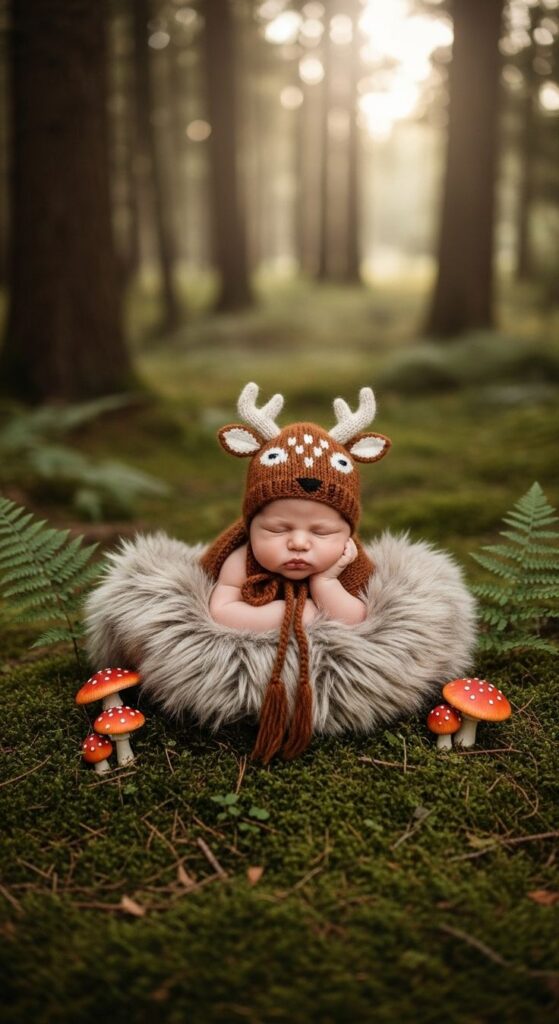 12 Outdoor Newborn Photography Ideas Sleeping baby in a cozy nest, wearing a deer hat, surrounded by ferns and mushrooms in a forest setting. | Sky Rye Design Sleeping baby in a cozy nest, wearing a deer hat, surrounded by ferns and mushrooms in a forest setting.