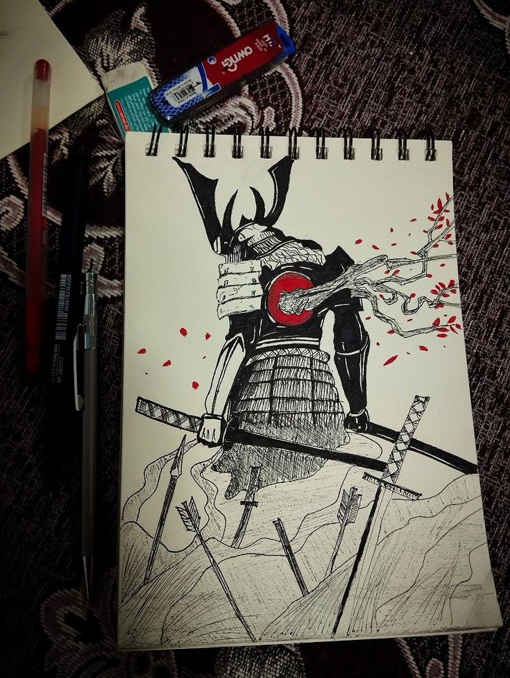 122fa35b75b1478dded7e75af129e37a Ink drawing of a samurai with swords and arrows, surrounded by decorative items, showcasing intricate armor and dynamic scene. | Sky Rye Design how to draw a samurai step by step