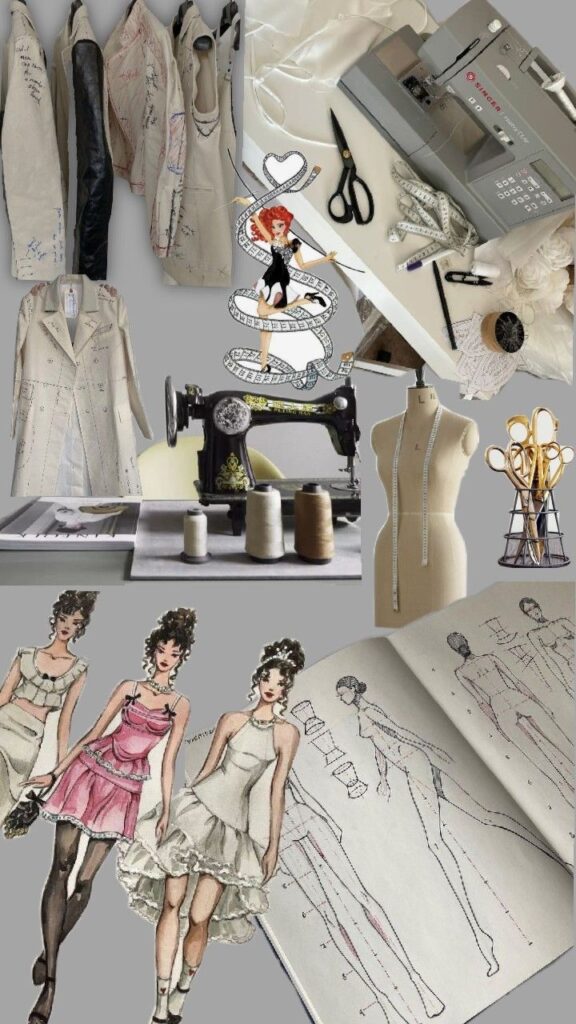 _ 13 Fashion design collage: sewing machines, sketches, mannequins, and fabric patterns illustrate creative garment making and tailoring. | Sky Rye Design Fashion design collage: sewing machines, sketches, mannequins, and fabric patterns illustrate creative garment making and tailoring.