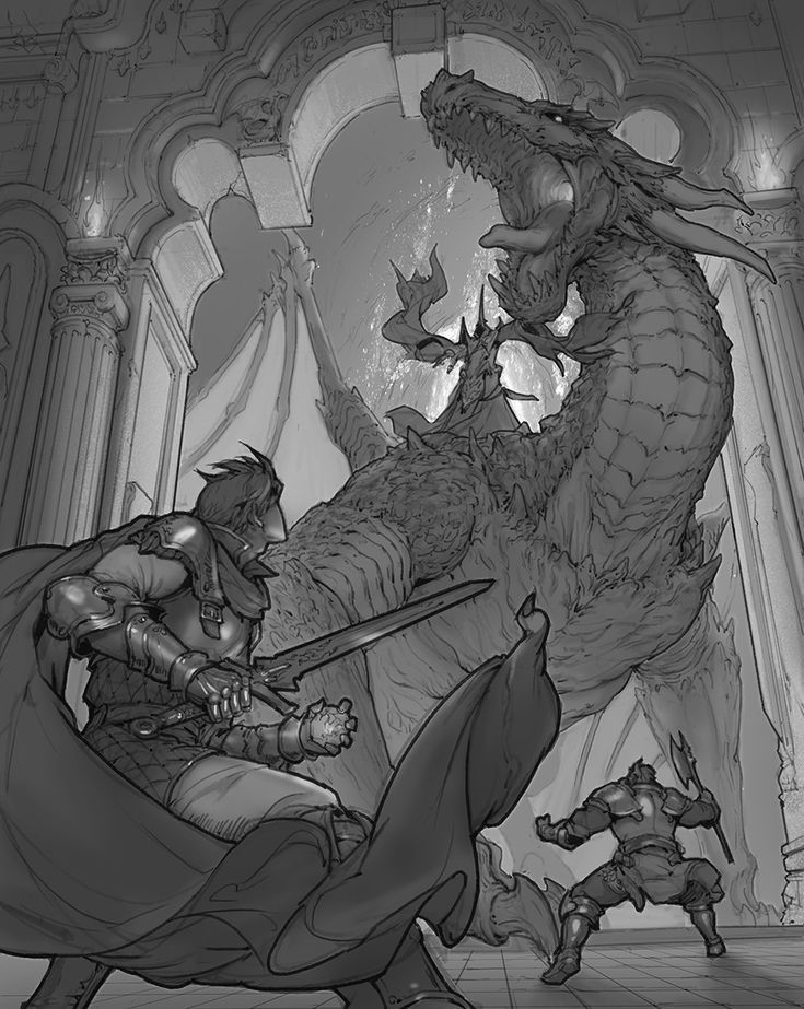 _ 13 Knight faces a fierce dragon in a grand gothic hall, ready for battle, with a warrior in the background poised to join the fight. | Sky Rye Design Knight faces a fierce dragon in a grand gothic hall, ready for battle, with a warrior in the background poised to join the fight.