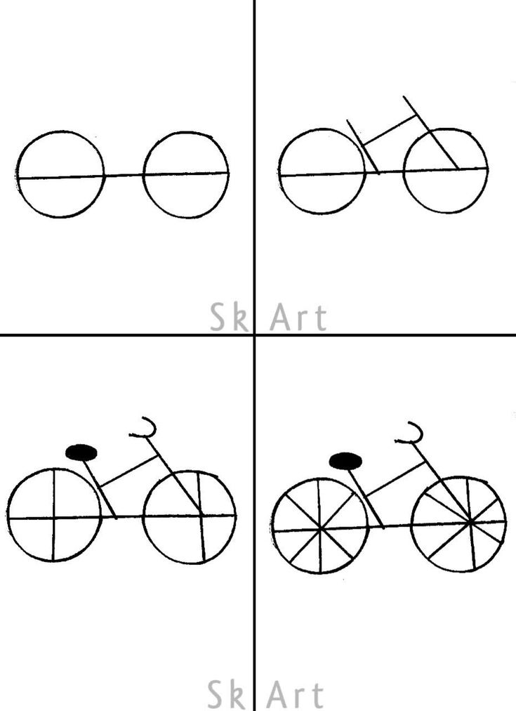 _ 13 Simple drawing illustrating a bicycle's evolution from basic shapes to detailed design in four steps, labeled Sk Art. | Sky Rye Design Simple drawing illustrating a bicycle's evolution from basic shapes to detailed design in four steps, labeled Sk Art.