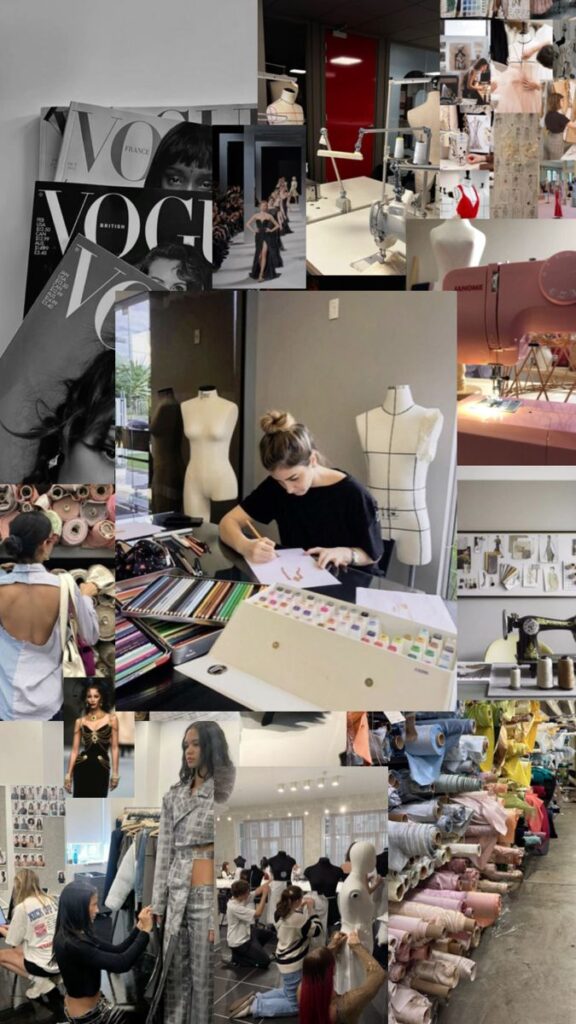 _ 13 Collage of fashion design process: sketching, fabric selection, sewing in a studio, runway, and Vogue magazines. Inspiring creativity. | Sky Rye Design Collage of fashion design process: sketching, fabric selection, sewing in a studio, runway, and Vogue magazines. Inspiring creativity.