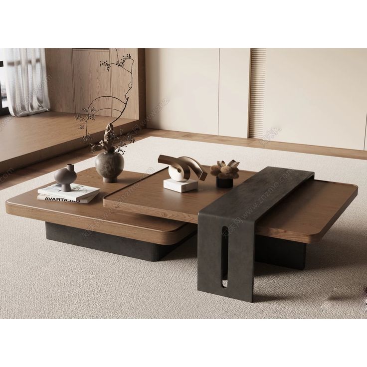 _ 13 Modern wooden coffee table with unique design, adorned with decorative vases and books, in a stylish living room setting. | Sky Rye Design Modern wooden coffee table with unique design, adorned with decorative vases and books, in a stylish living room setting.