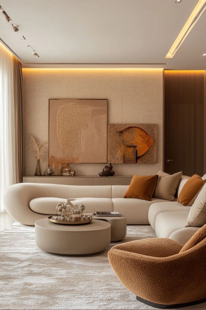 13 Beige Living Room Designs That Inspire Comfort Modern living room with neutral tones, plush sofas, and abstract art. Cozy ambiance with layered textures and soft lighting. | Sky Rye Design Modern living room with neutral tones, plush sofas, and abstract art. Cozy ambiance with layered textures and soft lighting.