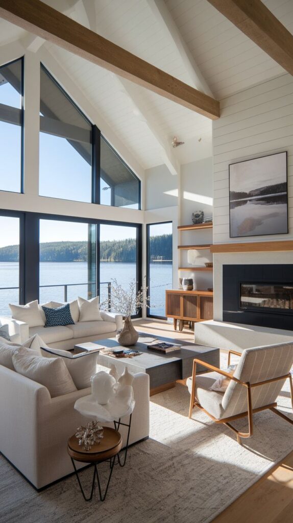 13 Lake House Ideas_ Cozy Inspirations for Your Waterfront Retreat Comfy Ideas Modern living room with large windows, cozy sofas, and lake view, featuring stylish decor and warm natural light. | Sky Rye Design Modern living room with large windows, cozy sofas, and lake view, featuring stylish decor and warm natural light.