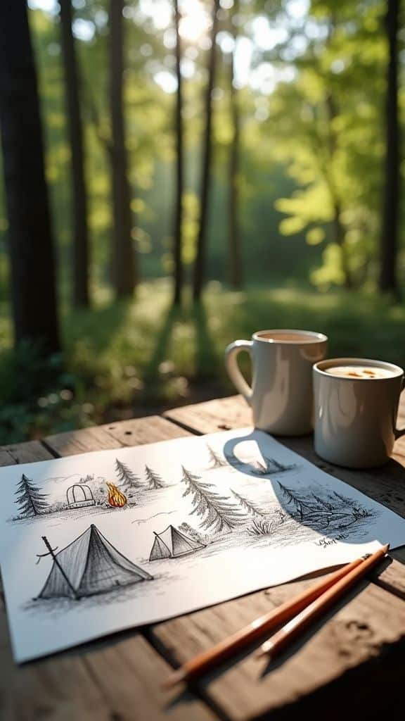 13 Nature-Themed Pencil Art Ideas to Try Outdoors_ Sketch of a camping scene with tents and campfire on a wooden table in a sunlit forest, accompanied by two coffee mugs and pencils. | Sky Rye Design Sketch of a camping scene with tents and campfire on a wooden table in a sunlit forest, accompanied by two coffee mugs and pencils.