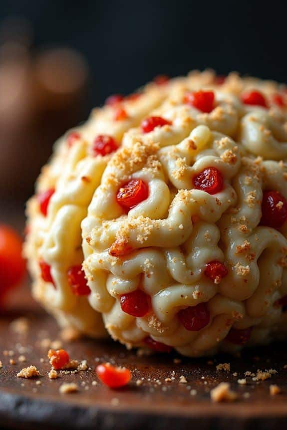 13 Spooky Halloween Finger Foods for Party Crowds Creamy cheese ball studded with red peppers and breadcrumbs on wooden board, perfect for party appetizers or holiday gatherings. | Sky Rye Design Creamy cheese ball studded with red peppers and breadcrumbs on wooden board, perfect for party appetizers or holiday gatherings.