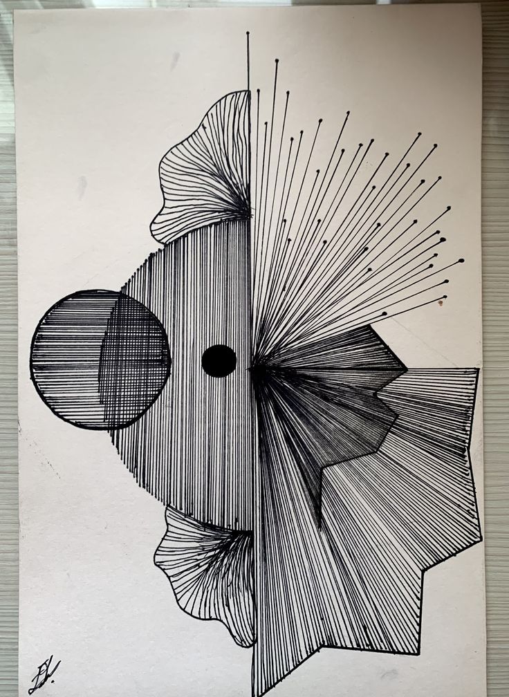 Abstract black and white geometric design with intricate lines and shapes resembling a symmetrical pattern or artistic fish drawing.