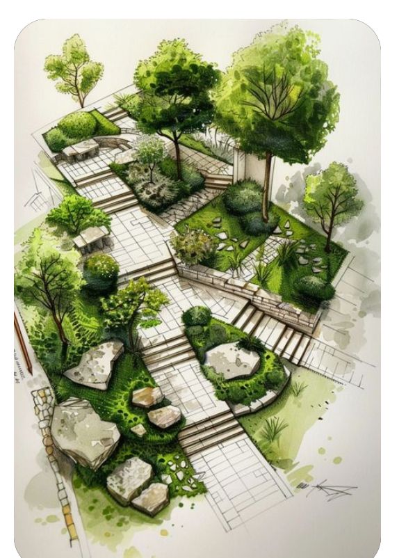 13a3ce71-ca48-42f0-94a8-867a7ce691fe Illustrative landscape design with trees, pathways, and rocks, showcasing a modern garden layout with lush greenery and geometric elements. | Sky Rye Design Illustrative landscape design with trees, pathways, and rocks, showcasing a modern garden layout with lush greenery and geometric elements.